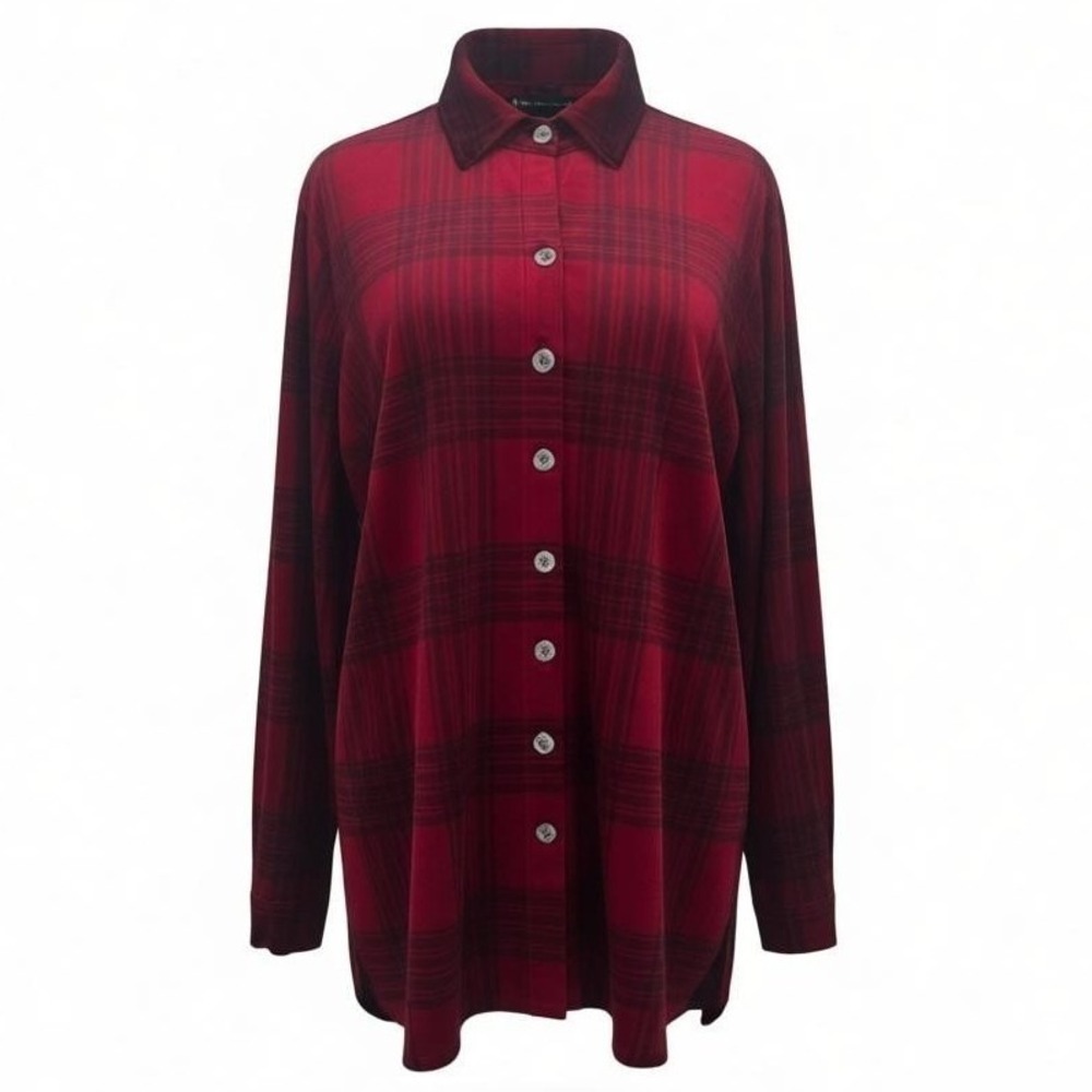 NEW John Mark Women's MEDIUM Red Velvet Plaid Button Down Tunic Shirt